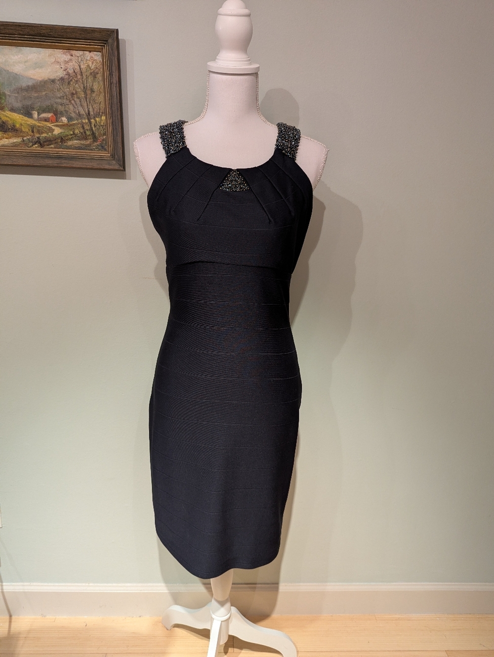 Cachet Women's 6 Midnight Blue Bodycon Style Dress Beaded Accent Sleeveless